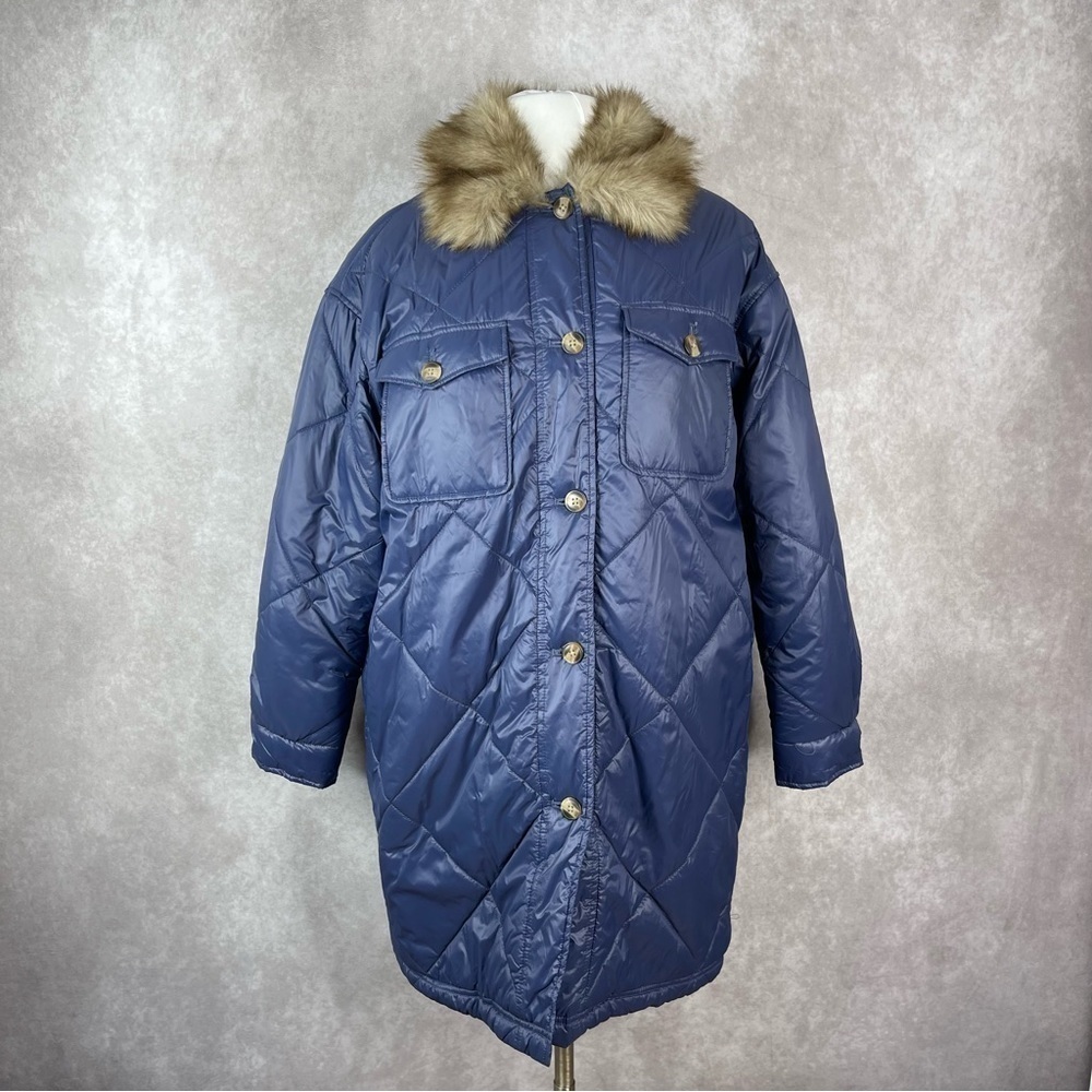 Aerie Quilted Puffer Faux Fur Collar Sherpa Lined Blue Jacket Women's Size XS
